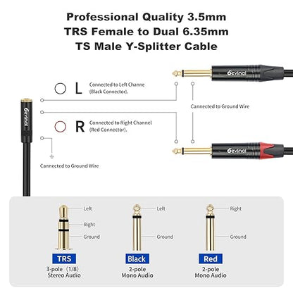 Devinal 3.5mm to Dual 1/4 Y Splitter Cable, 1/8" Female TRS to Dual 6.35mm TS Male Adapter, Female Mini Jack Stereo to 2 Quarter inch Mono Converter 1 feet