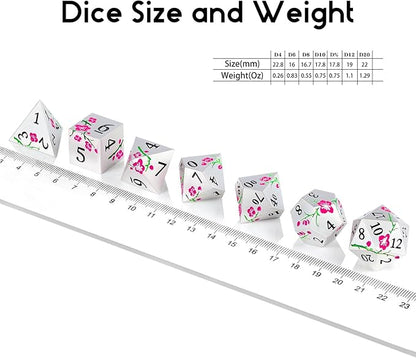 Metal Dungeons and Dragons Dice DNDND 7 PCS Heavy Metallic Flower D&D Dice Set with Gorgeous Gift Case for DND Tabletop Game (Matte Silver with Pink Flower)
