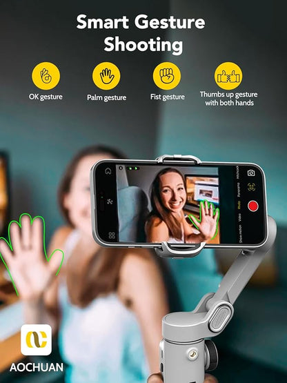 Smart X2 Gimbal Stabilizer for iPhone, Built-in 20cm Extension Rod, 3-axis Handheld Smartphone Gimbal, Foldable Phone Tracking Tripod Selfie Stick w/OLED Display, Video Recording, White