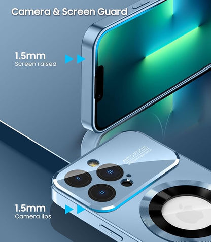 Magnetic for iPhone 13 Pro Case, Built-in Camera Lens Protector, Compatible with MagSafe, Logo View, Military Grade Protective Phone Cover, Sierra Blue