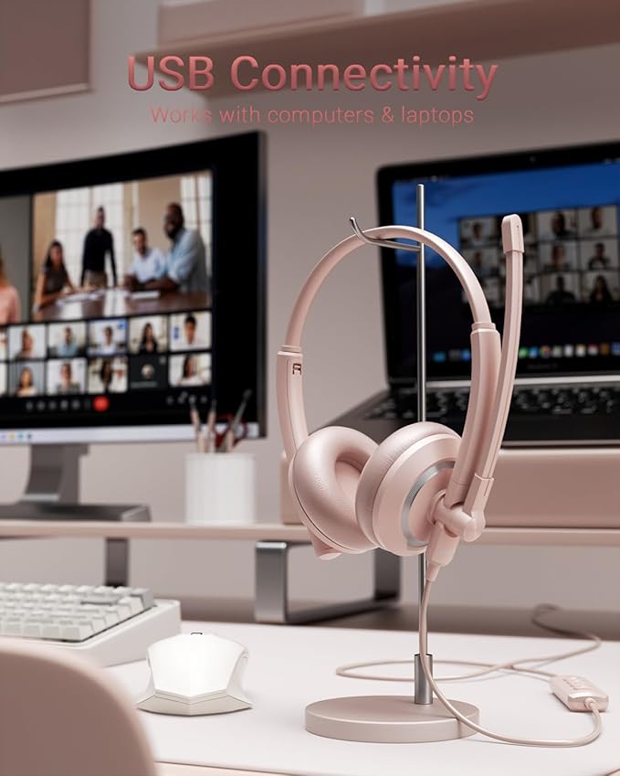 Computer USB Headset with Microphone for PC Laptop - WiredHeadphones with in-Line Control, Lightweight, Enhanced Sound & MIC Mute(Pink)