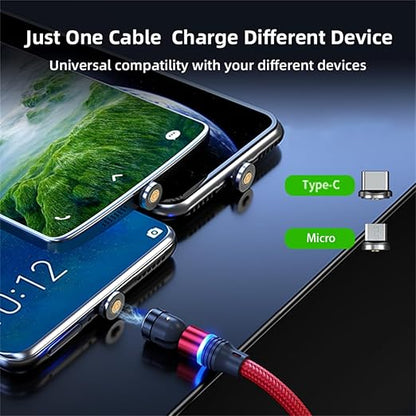 Magnetic Charging Cable (6-Pack,1.6+3.3+3.3+6.6+6.6+10ft) 540° Rotation Magnet Phone Charger USB C Cable 3A Fast Charging Magnetic Charger Cable with LED Light for Micro USB Type C Device