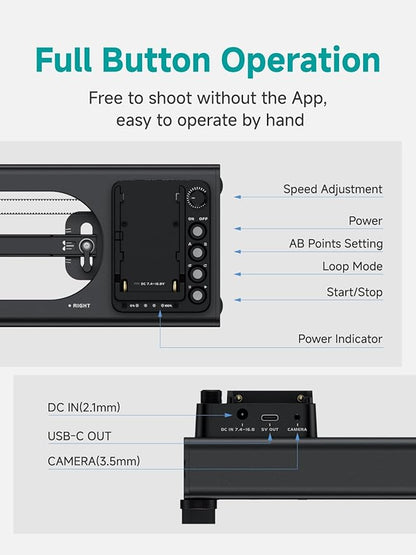 Accsoon Toprig Video Slider, 16''/40cm Motorized Camera Slider with Full Button Control, Support APP-Video Mode/Time-Lapse/Loop Mode, Speed Control Konb, 120° Panoramic Shooting for Photographer