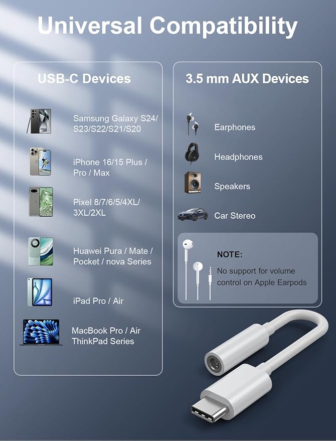 USB-C to 3.5mm Audio Headphone Adapter - HiFi 300 Pack Compatible with Apple iPhone 16 15 Samsung Galaxy S25 S24 S23 S22 Plus Pro Max Ultra Pixel iPad - Type C to Aux Cord Jack Dongle Adapter