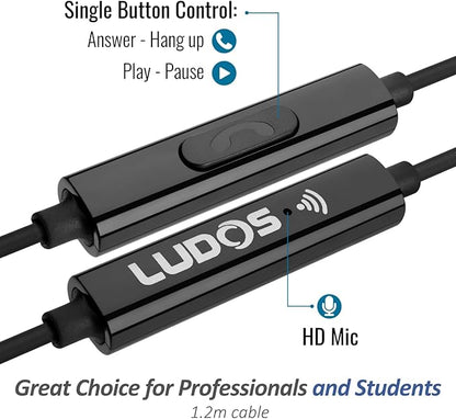 LUDOS OMNITONE Wired Earbuds in-Ear Headphones, 5 Years Warranty, Earphones with Microphone, 3.5 mm Jack Corded Ear Buds, Videoconference for iPhone, Samsung, Laptop, Kids, School Students - Grey