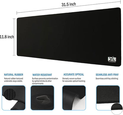 Large Extended Gaming Desk Mousepad (800x300x3mm) - Nonslip Rubber Base and Water Spill Resistant Desktop Keyboard Mouse Mat - Anti-Fray Cloth - Black