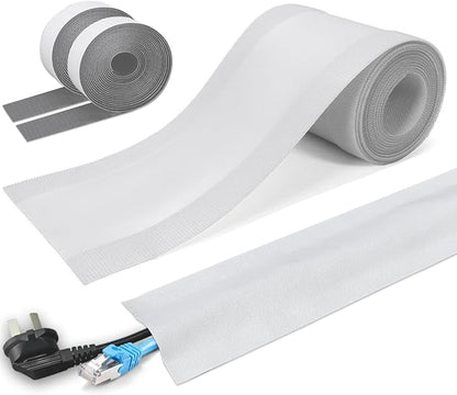 Floor Cable Covers - 10ft Oxford Fabric Cord Protector with Adhesive Hook & Loop,Waterproof Wire Storage Sleeve for Any Floor Surface,Durable Cable Management to Prevent Tripping Hazards (White, 10ft)