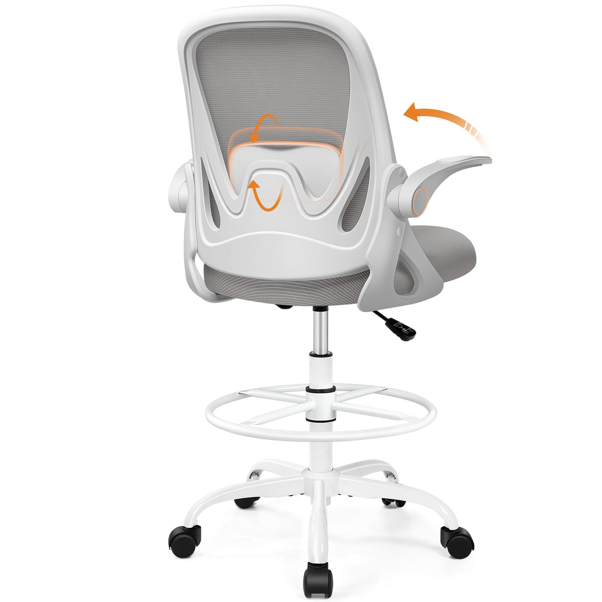 Drafting Chair Tall Office Chair with Flip-up Armrests, Adjustable Height, and Enhanced Lumbar Support - Ergonomic Rolling Stool, Back Support, and Adjustable Foot Rest Ring Light Blue