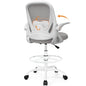 Drafting Chair Tall Office Chair with Flip-up Armrests, Adjustable Height, and Enhanced Lumbar Support - Ergonomic Rolling Stool, Back Support, and Adjustable Foot Rest Ring Light Blue