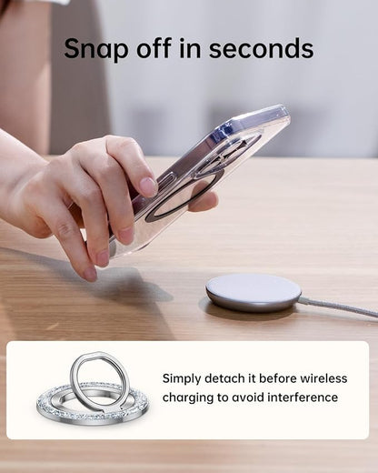 SYNCWIRE Magnetic Phone Ring Holder for MagSafe - Glitter Phone Grip Stand with 360° Rotation & Reinforced Hinge, Compatible with iPhone 16 15 14 13 Pro Max Plus MagSafe Accessories - Glitter Silver