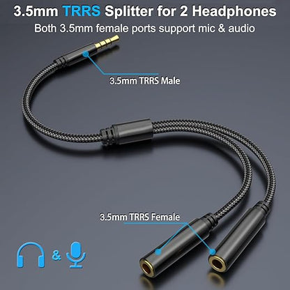 3.5mm TRRS Splitter for 2 Headphones 1FT 2-Pack, Dual Support Audio & Mic, 3.5 mm Aux Jack Cable 1 in 2 out, Double 1/8" Stereo Female Adapter,Headset Split Y Cord 2 Way for Phone/Tablet/Laptop/PC/MP3