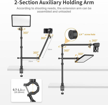 PICTRON LS11 Camera Mount Desk Stand with Auxiliary Holding Arm, Flexible Overhead Camera Webcam Table C-Clamp Multi Stand for Photography Videography Live Stream