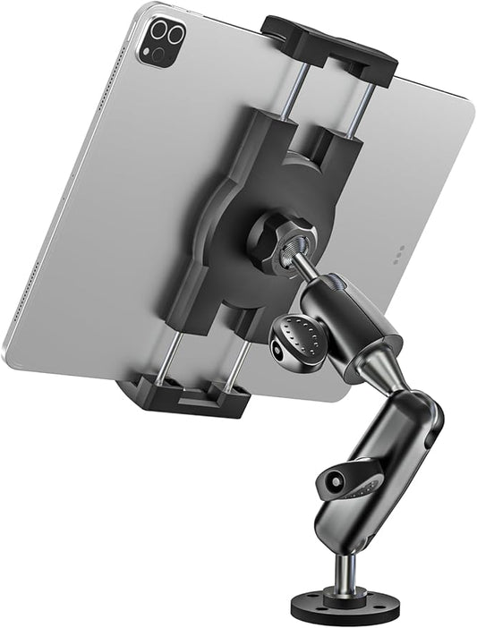 woleyi Aluminum Drill Base Tablet Holder for Car Dashboard - [360° Adjustable 2-Stage Arm] Heavy Duty Tablet Mount for Truck Car Mount Wall Desk, for iPad Pro/Air/Mini/Galaxy Tab/Z Fold, 4-13" Devices