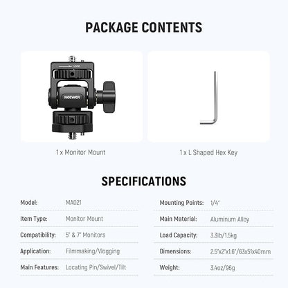 NEEWER Field Monitor Mount Monitor Holder with 1/4" Screw, 360° Swivel, 180° Tilt, Anti Twist Screw Compatible with Atomos Ninja 5" & 7" Camera Monitor Compatible with SmallRig Camera Cage, MA021