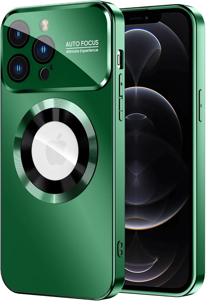 MAKAVO Magnetic for iPhone 12 Pro Max Case, Compatible with MagSafe, Built-in Camera Lens Protector, Logo View, Military Grade Drop Proof Phone Case Cover, Green