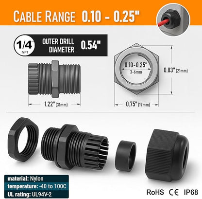 MGI SpeedWare 1/4" NPT Strain Relief Nylon Cord Grip Cable Glands, Black Plastic Grommet 20-Pack