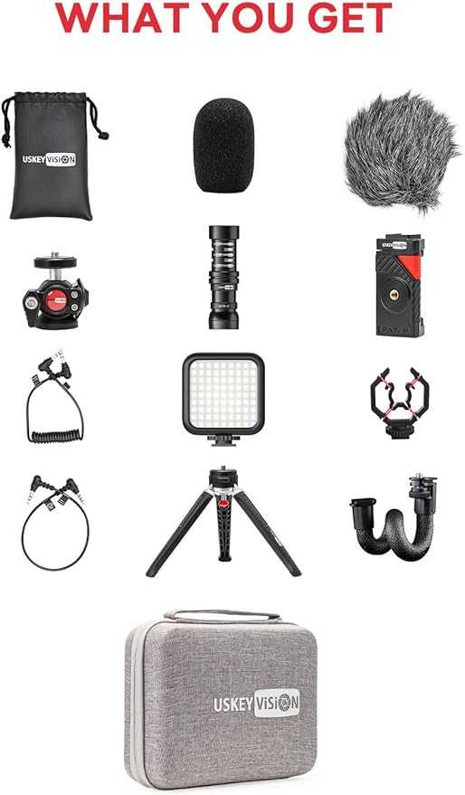 Smartphone Video Vlogging Kit Metal Microphone Light Tiktok YouTube Podcast Equipment for iPhone 15/14/13 Mini/Pro/Max, Android Smartphone (V-Master)