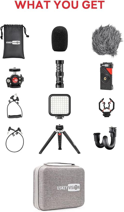 Smartphone Video Vlogging Kit Metal Microphone Light Tiktok YouTube Podcast Equipment for iPhone 15/14/13 Mini/Pro/Max, Android Smartphone (V-Master)