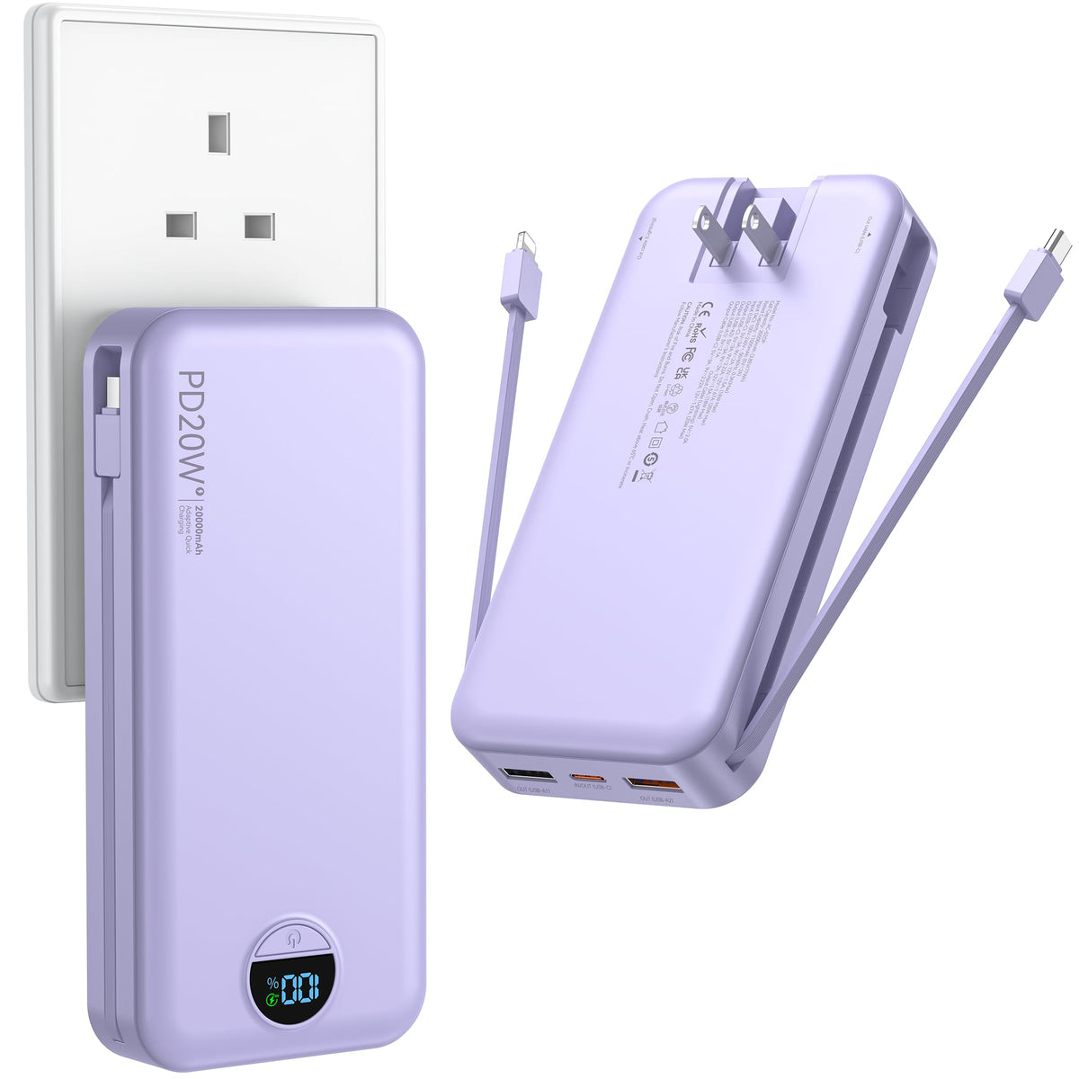 Ffnpua Portable Charger Power Bank 20000mAh PD20W w/Built-in Cables