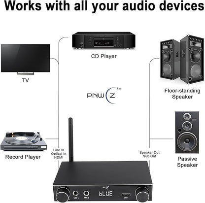 5.3 Bluetooth Audio Amplifier 2-Channel Stereo Hi-Fi Amplifier with Optical/Bluetooth/USB/HDMI/AUX, Dual Microphone Channels for Home Theater/Speakers/TV Sound System