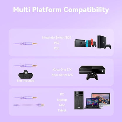Gaming Headset with Microphone for Pc, Xbox One Series X/s, Ps4, Ps5, Switch, Stereo Wired Noise Cancelling Over-Ear Headphones with Mic, RGB, for Computer, Laptop, Mac, Nintendo (White Purple)