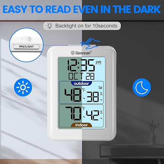 Geevon Digital Hygrometer Indoor Outdoor Thermometer Wireless with Clock, Backlight Temperature Gauge Humidity Monitor, Inside Outside Thermometer with 200ft/60m Range Remote Sensor,White