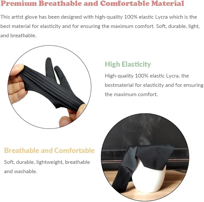 Drawing Glove, 3-Layer Palm Rejection Digital Art Glove for Graphic Tablet, Artist Gloves with Two Fingers for iPad, Paper Sketching, Smudge Guard (2 PCS, Middle)