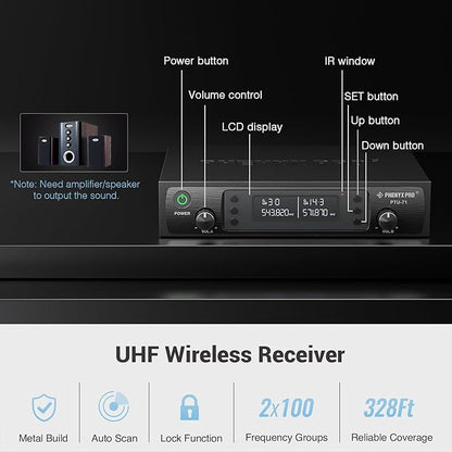 Phenyx Pro Dual UHF Wireless Microphone System，Auto-Scan Cordless Mic Set w/ 2x100 Frequencies, 2 Bodypacks & Headsets/Lapel Microphones for Speaking, Singing, Church, DJ (PTU-71-2B)