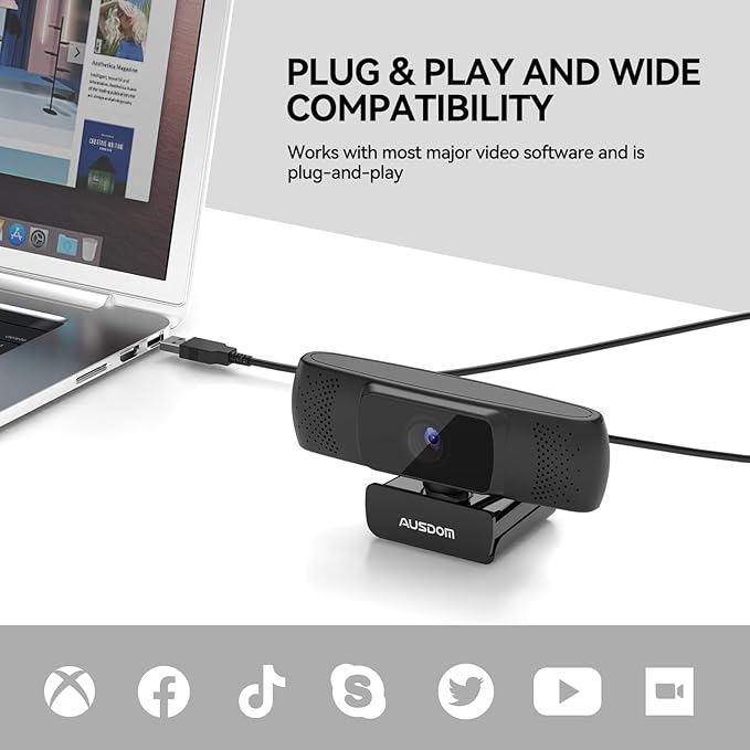AUSDOM AF640 1080P Webcam with Microphone, 90°FOV USB PC Camera Webcam with Privacy Cover, Plug and Play Computer Camera for Online Calling/Conferencing, Zoom/Skype/YouTube, Laptop/PC