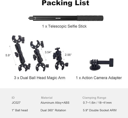 Motorcycle Ebike Mount kit for Insta360 X5, Bike & Golf Car Handlebar Clamp Mount and 59" Invisible Selfie Stick Bundle Kit, Super Clamp, Action Camera Adapter for GO2/3/3S/DJl, JC027