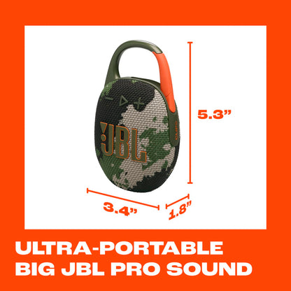JBL Clip 5 - Ultra-Portable, Waterproof & Dustproof Bluetooth Speaker, Big JBL Pro Sound with Punchy bass, Integrated Carabiner, Up to 12 Hours of Play, Made in Part with Recycled Materials (Squad)