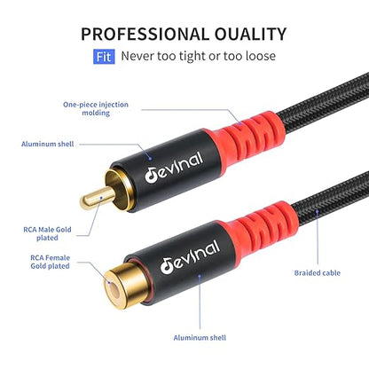 Devinal RCA Female to Male Extension Cable - Premium Audio Extender Cord for High Sound Quality & Durability, Compatible with Home Theater, TV, Soundbar - 10ft/3m
