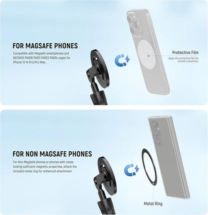 Neewer Magnetic Flexible Phone Holder with 1/4 Screw Adapter, Mini Bendable Tripod Stand Selfie Stick Compatible with MagSafe iPhone Samsung Android Cellphones for Handlebar/Treadmill/Stroller, GP-19