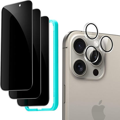 ESR 3+1 Pack for iPhone 15 Pro Max Privacy Screen Protector Set, Anti-spy Tempered-Glass Privacy Screen Protector, Micro-curved Edges, Case Friendly, 3-Pack with 1 Set of Camera Lens Protector