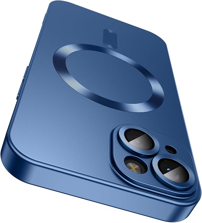 LEKEVO Magnetic for iPhone 14 Plus Case [Compatible with MagSafe][Built-in Camera Lens Protector] Slim Soft Silicone Bumper Shockproof Metallic Luster Phone Case (Blue)