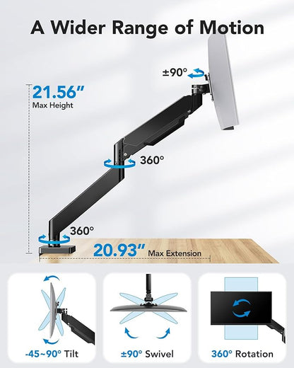 HUANUO Ultrawide Monitor Arm for 13 to 43 Inch Screens, Single Heavy Duty Monitor Arm Holds up to 33 lbs, Full Motion with Tilt Swivel Rotation, VESA 75x75mm or 100x100mm