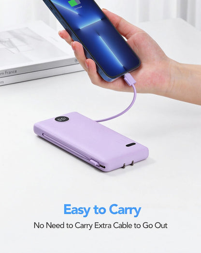 VRURC Portable Charger Built-in Cables and AC Wall Plug, USB C Power Bank 10000mAh, Travel Essentials Phone Charger Compact Lightweight External Battery Pack for Smart Phones, Tablets etc-Purple