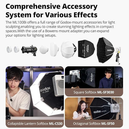 Godox ML100Bi Bi-Color LED Video Light, 120W 34300Lux@1M CRI 97+ TLCI 98+ 2800K-6500K, 11 FX Effects Photography Light, Portable LED Continuous Light