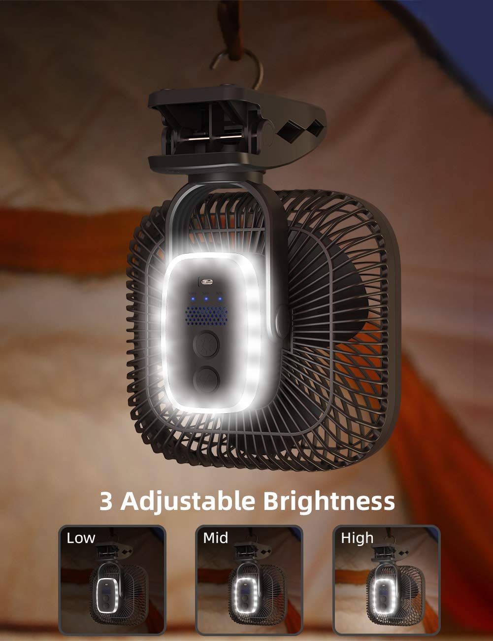 SLENPET 20000mAh Rechargeable Portable Clip-on Fan – Battery Operated, Last 78 Hrs, 4 Speeds with Light & Hook, 8 Inch Personal for Camping, Outdoor, Golf Cart, Stroller & Desk Use