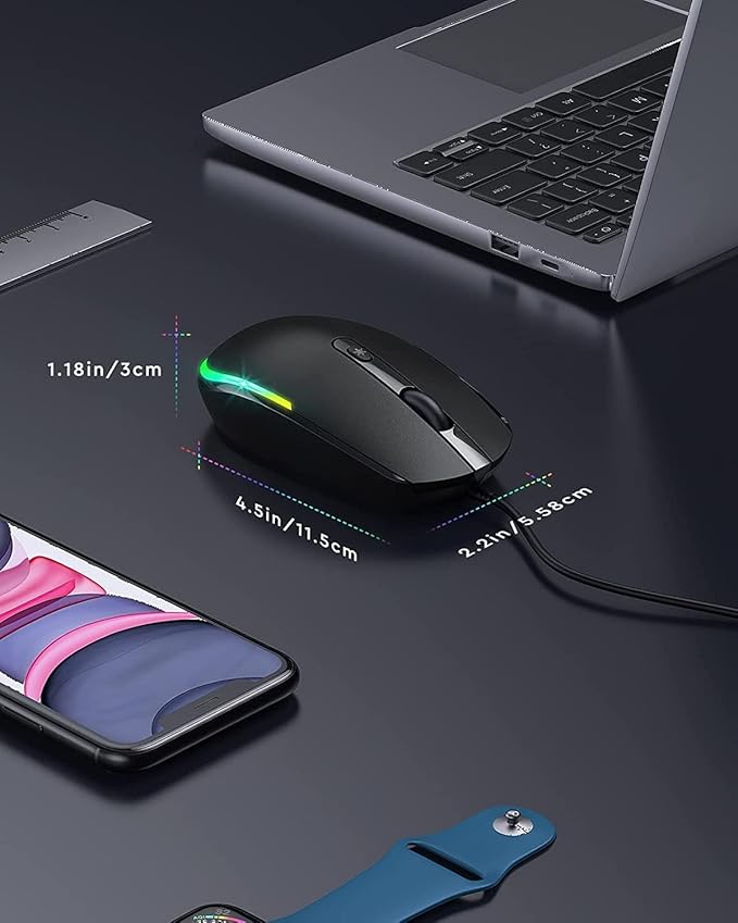 seenda Wired Mouse - USB Computer Mouse Wired with RGB Backlit Optical LED Mouse with Attached USB Cord for Laptops Notebooks Chromebook - Black