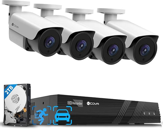 4COVR PoE Security Camera System, 8CH 8MP H.265 Ultra HD NVR 2TB HDD, 4Pcs Bullet 8MP Wired PoE IP Camera with Audio, IP67 Home Weatherproof, Person Vehicle Detection & Night Vision, LY37EX8M0804