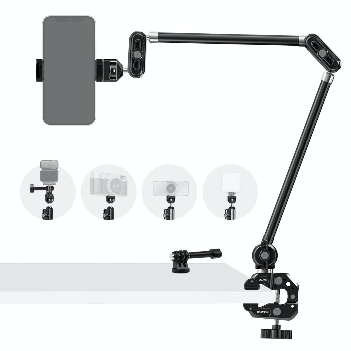 NEEWER 30" Articulating Magic Arm with Desk Super Clamp/Action Cam Mount/Phone Holder, Overhead Camera Mic Boom Stand, Compatible with GoPro iPhone DSLR Webcam Microphone Video Recording, UA056