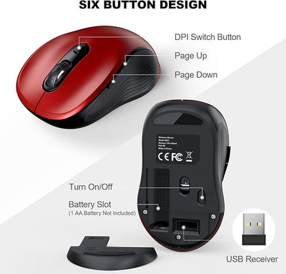 WisFox 2.4G Wireless Mouse for Laptop, Ergonomic Computer Mouse with USB Receiver and Type-C Adapter, 6 Button Cordless Mouse Wireless Mice for Windows Mac PC Notebook (Red)