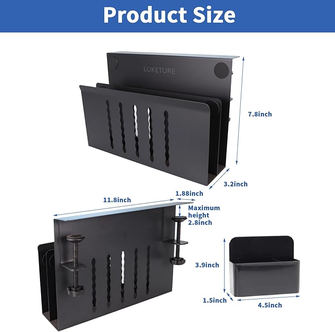 LUKETURE Laptop Holder, Steel Desk Side Storage, No Drill Standing Desk Accessories, Clamp on Laptop Mount with Pen Holder, Fits Flat Edge Tables 0.3" to 2.8" (Black, L(2 Tier))