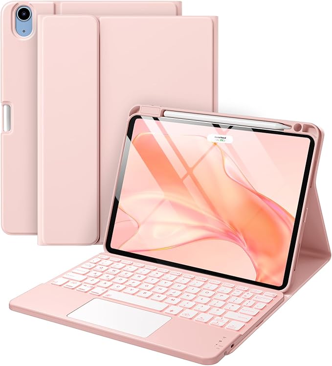 Compatible with iPad Air 11 Inch & Air 5th/ Air 4th Generation Case with Keyboard - Multi-Touch Trackpad, 7-Color Backlit, Detachable Folio Cover for Air 11-inch M3/M2 (2025/2024) (Light Pink)