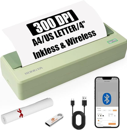 Rongta Inkless Portable Printer for Travel, Wireless Thermal Printer Support 8.5 x 11 inch A4/ US Letter, Bluetooth Compatible with Android/iOS Smartphone for Home Use (Green)