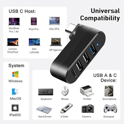 VIENON 4-Port USB C Hub [90°/180° Degree Rotatable], USB C Adapter Splitter, USB Extender for MacBook, iMac, Surface, and More C Port Laptop