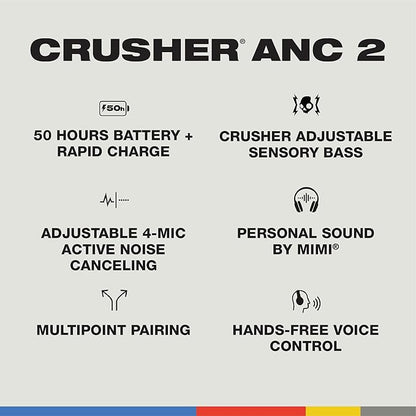 Skullcandy Crusher ANC 2 Over-Ear Noise Canceling Wireless Headphones with Sensory Bass and Charging Cable, 50 Hr Battery, Skull-iQ, Alexa Enabled, Microphone, Works with Bluetooth Devices - Black