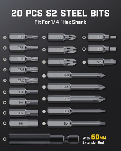 Fanttik S2 Pro Electric Screwdriver, Cordless Screwdriver Set, 7 Torque Settings, 0.5 to 6N.m, 20 Magnetic Bits, 1/4''Hex Shank, with 90° Angle Adapter, for Furniture, Household Repairs