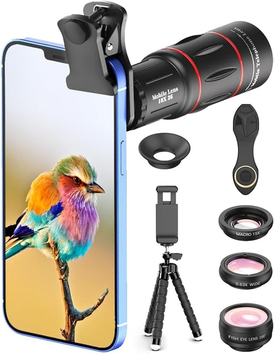 APEXEL 4 in 1 Phone Photography Kit, 18X Telephoto Lens, 198° Fisheye Lens, 15X Macro Lens, 0.63X Wide Angle Lens, Set with Flexible Phone Tripod, for iPhone 13/12/11/XS Max/XR/XS/X Samsung One Plus